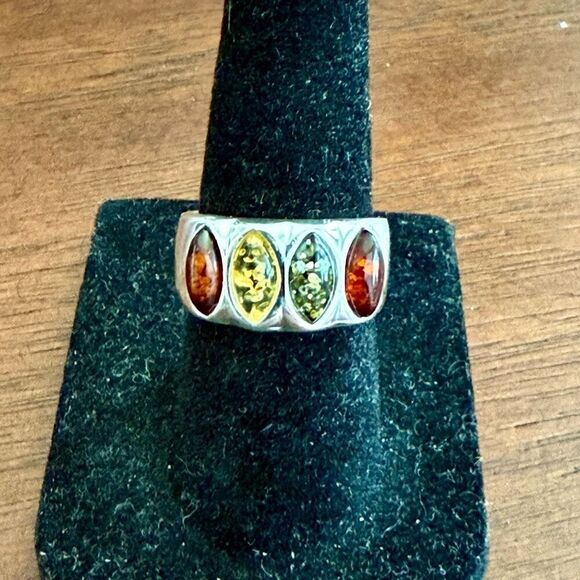 Sterling Silver Multicolor Baltic Amber Four Stone Marquise Shape Ring New - Picture 5 of 5